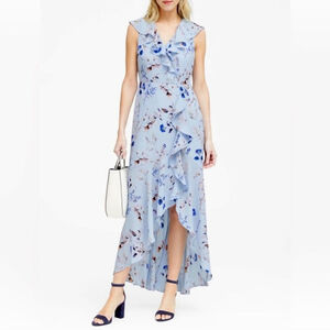 Banana Republic Spring Floral Faux Wrap Maxi Dress Sz 10 Petite Soft Blue